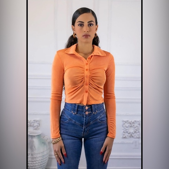 Orange Button-Up Women's Top - Picture 1 of 4